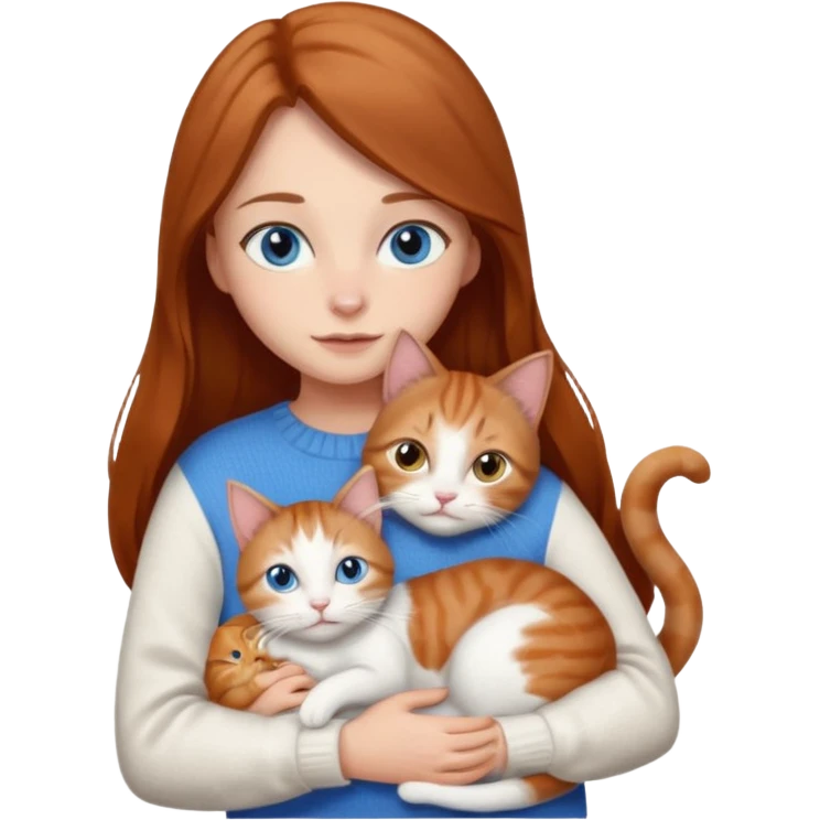 a girl with long brown hair, with blue eyes, in a
white sweater, hugs 3 cats a brown tabby and white, a ginger and white and a grey and white emoji