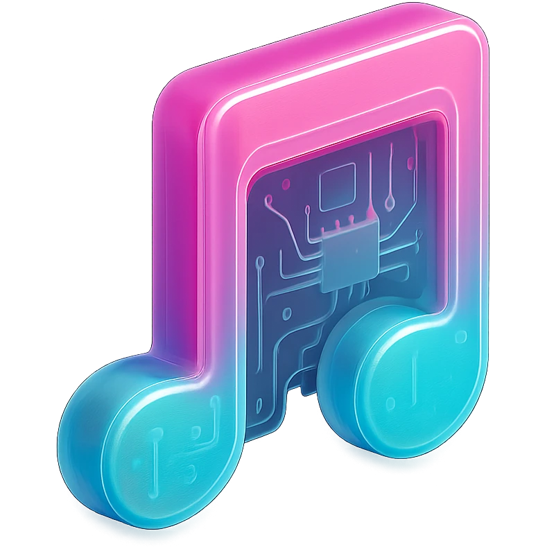 glossy, soft-edged Discord-style icon of a music note, vibrant pink and aqua with smooth gradients, neon highlights, slight glow, transparent background, modern and techy, optimized for Discord UI emoji