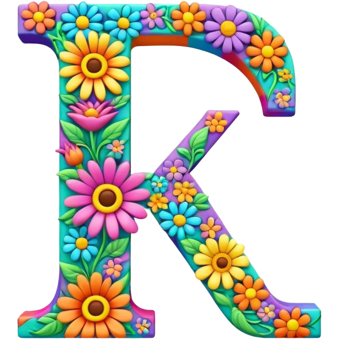 3D, gothic style psychedelic colored Letter “I” with hippie style flower border emoji