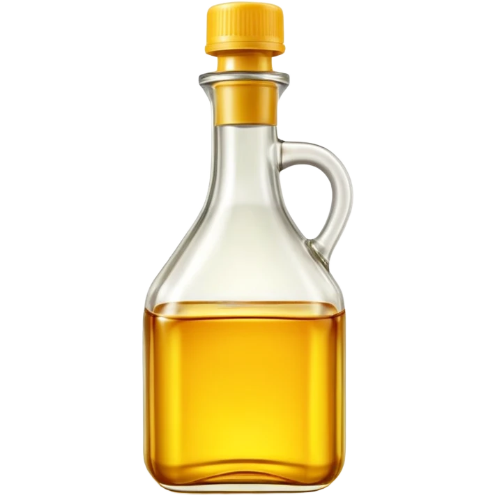 frying oil bottle, clear transparent, golden yellow liquid, simple clean design, curved or rectangular, visible green or yellow cap, no branding, no label, fluid glossy oil, warm amber tint, no pan food or extra, no faces, clean 3D, soft shadows, transparent background, emoji scale emoji