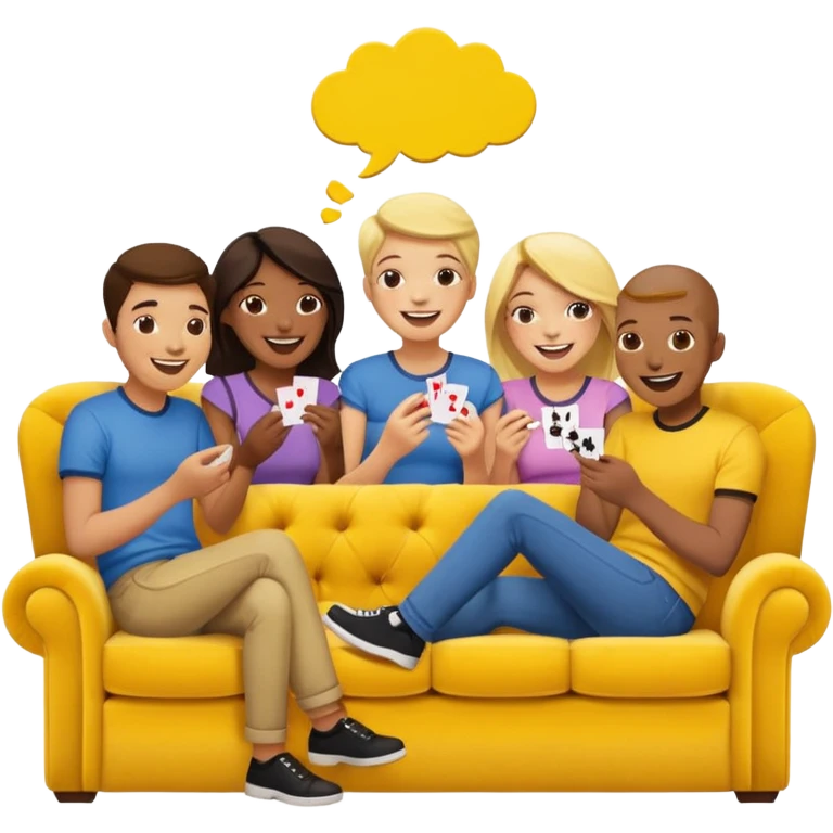 group of friends on couch playing a card game couch should be deep yellow color emoji