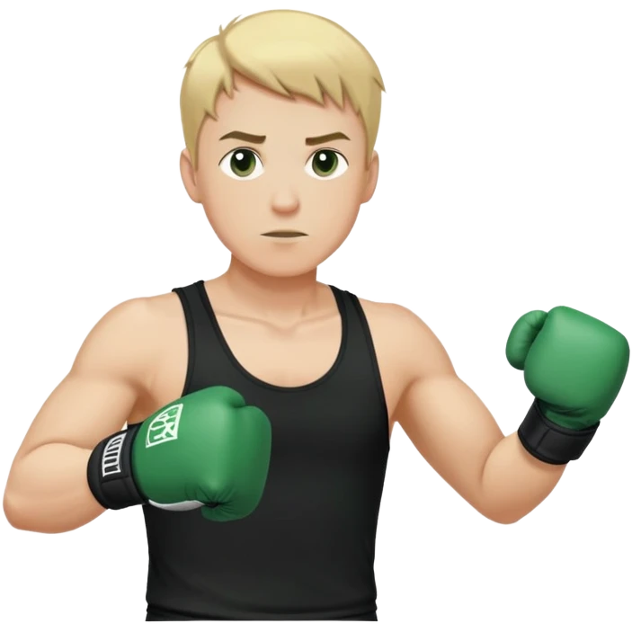 Blonde short hair boxer guy in black tank top holding hands in boxer stance. Wearing dark green boxer gloves emoji