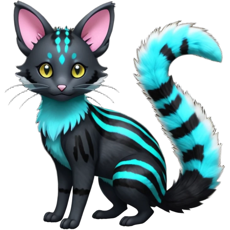  cute adorable pitch-Black-coated fur with glowing bioluminescent random colorful neon-markings divine beautiful elegant pretty precious cute young youthful  Fakémon-Pokémon-alien-opossum-feline-serval-caracal-chinchilla-Minccino-hybrid-creature with a big fluffy bushy striped tail (full body) emoji