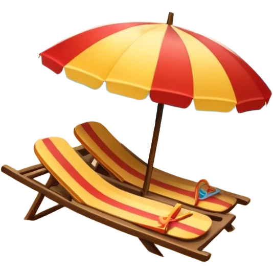 Icon for Beach Tourism: a sandy beach with a sun umbrella and flip-flops, with the ocean waves in the background. The icon should capture the relaxation and fun of a beach vacation. Transparent background emoji