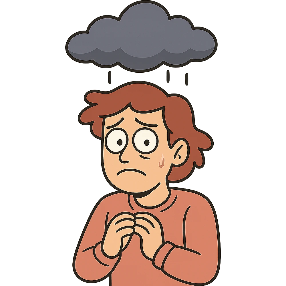 a person with a cloud over their head, looking anxious, cartoon style emoji