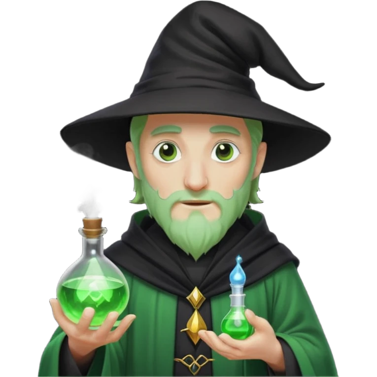 Green-skinned male wizard with a long nose, wearing a black hat and robe, holding a glowing potion bottle emoji