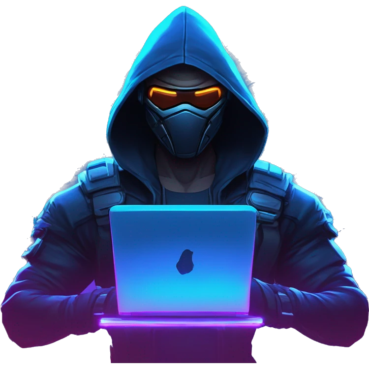 developer behind his laptop with this style : crysis Cyberpunk Riot Games Valorant neon glowing bright blue character blue black hooded assassin themed character emoji