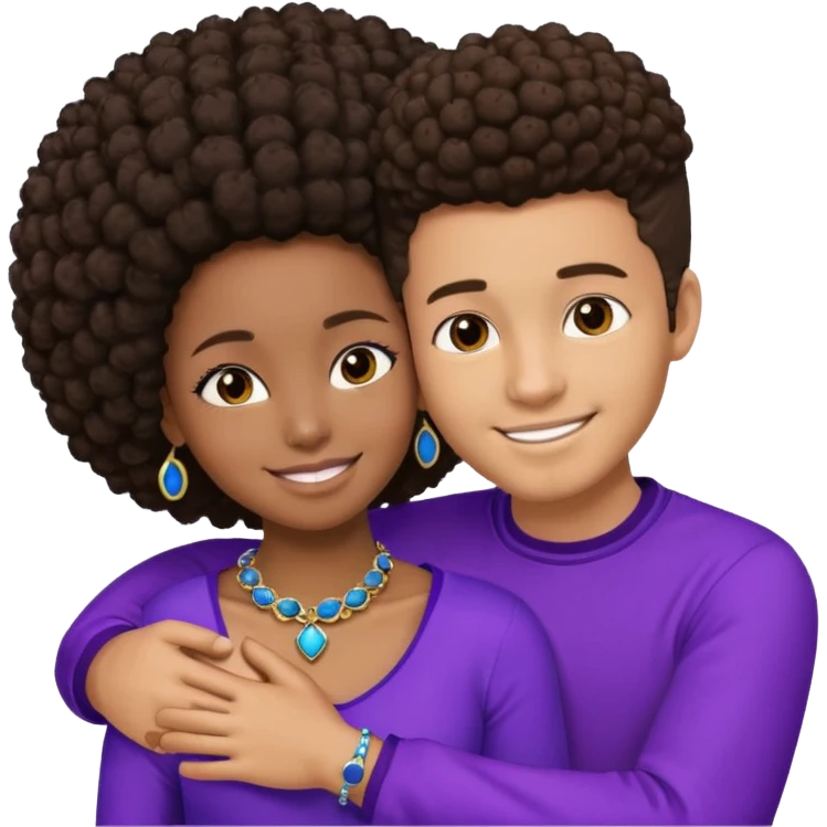 Tan male with short brown hair, smiling and hugging, black African girl with Afro in purple clothes with blue jewelry emoji