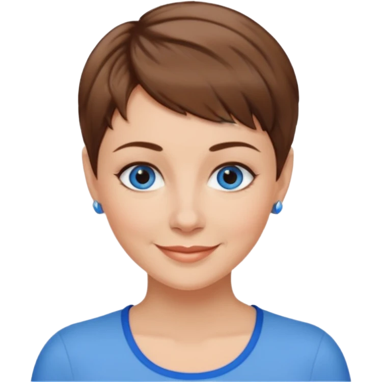 Frau helle Haut, braun mit dunkelblonden spitzen, kurzhaarfrisur Pixie schnitt, blaue Augen, mittleres alter emoji
