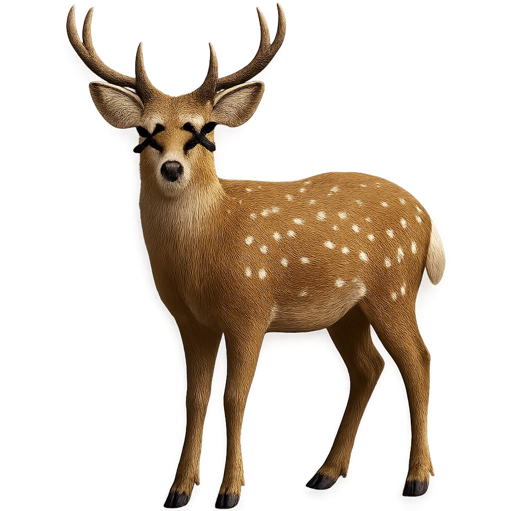 Overlay cartoon X's on the eyes in the exact same style and position as the deer image, referencing the deer for the X style. Keep everything else 100% identical—pose, style, lighting, and details. Make the background transparent. emoji
