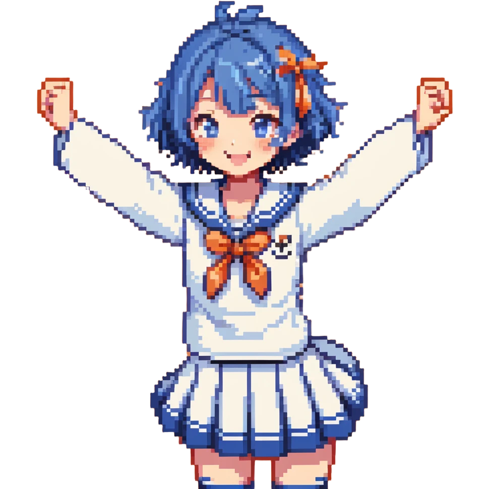 Pixel art energetic anime girl with short blue hair wearing Japanese sailor style school uniform, striking a victory pose, very cheerful emoji