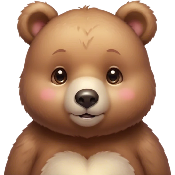 Cinematic cute soft bear, chubby round face, tiny ears, warm fuzzy fur, blushing cheeks, sparkling kind eyes, soft glowing background, heartwarming and huggable. emoji