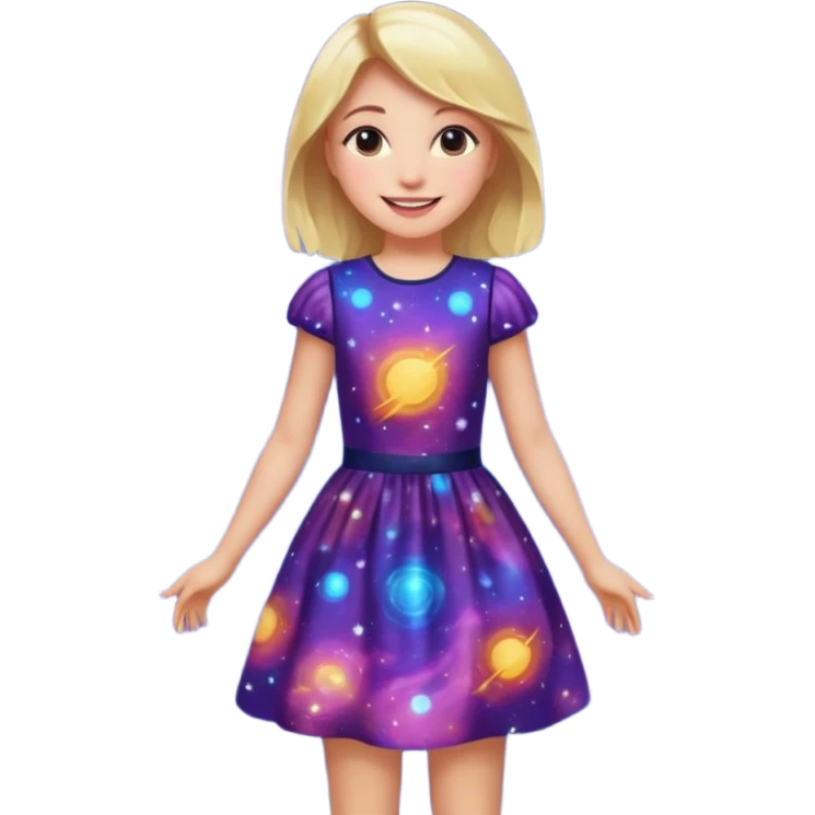 girl in a galaxy-patterned dress, smiling, standing emoji