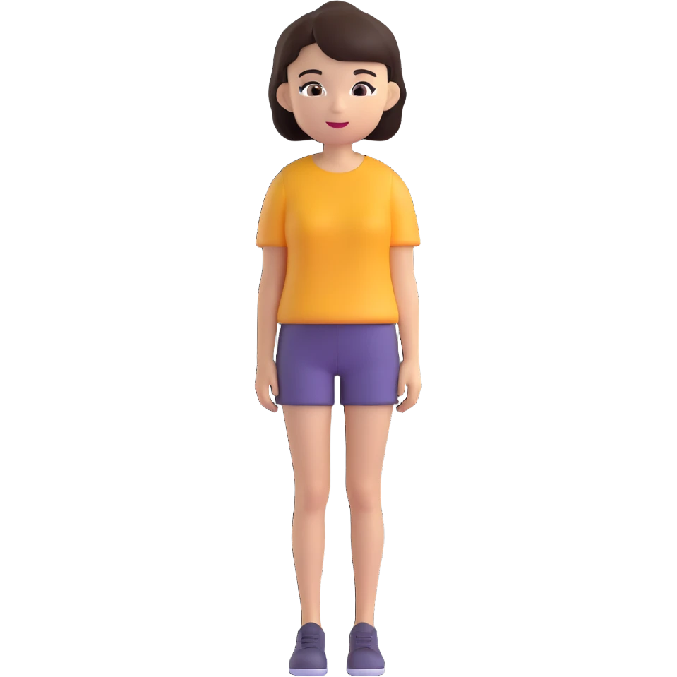 full-body person of Asian descent, short dark brown hair, slender build, 3D emoji style emoji