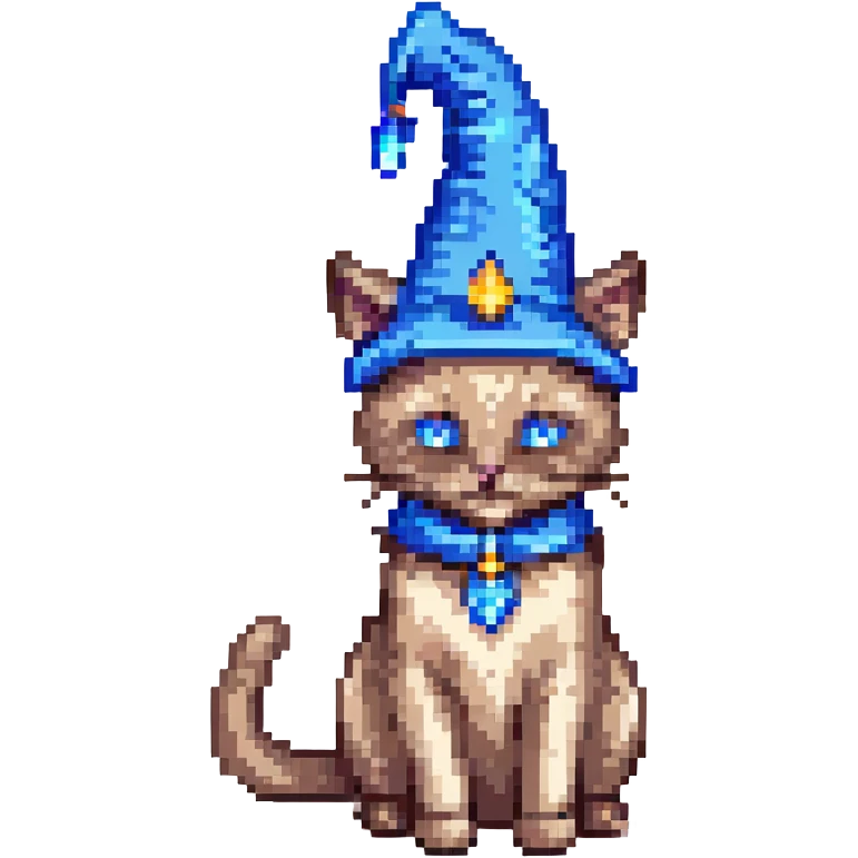 A pixel art image of a Siamese cat wizard with a blue hat. emoji