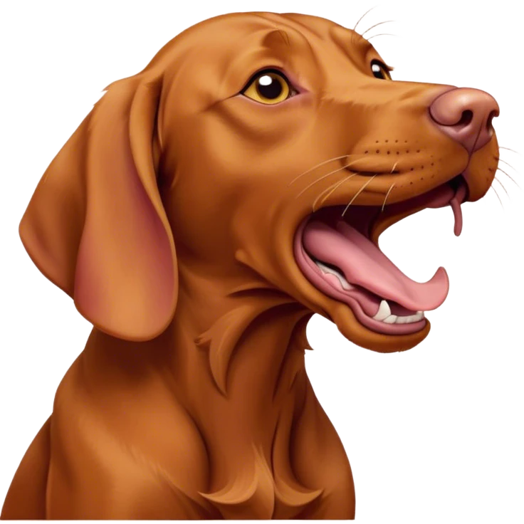 Cinematic Cute Yawning Vizsla Portrait Emoji, Head tilted slightly with a dramatic, wide-open yawn, showcasing a smooth rust and gold Fur with a subtle shimmer, floppy ears slightly drooping, round amber eyes barely open in drowsy contentment, Simplified yet irresistibly adorable features, highly detailed, glowing with a soft, cozy glow, high shine, relaxed yet expressive, stylized with a touch of whimsy, bright and endearing, soft glowing outline, capturing the essence of a sleepy yet affectionate companion, so drowsy it feels like it could stretch out of the screen and curl up for a nap! emoji