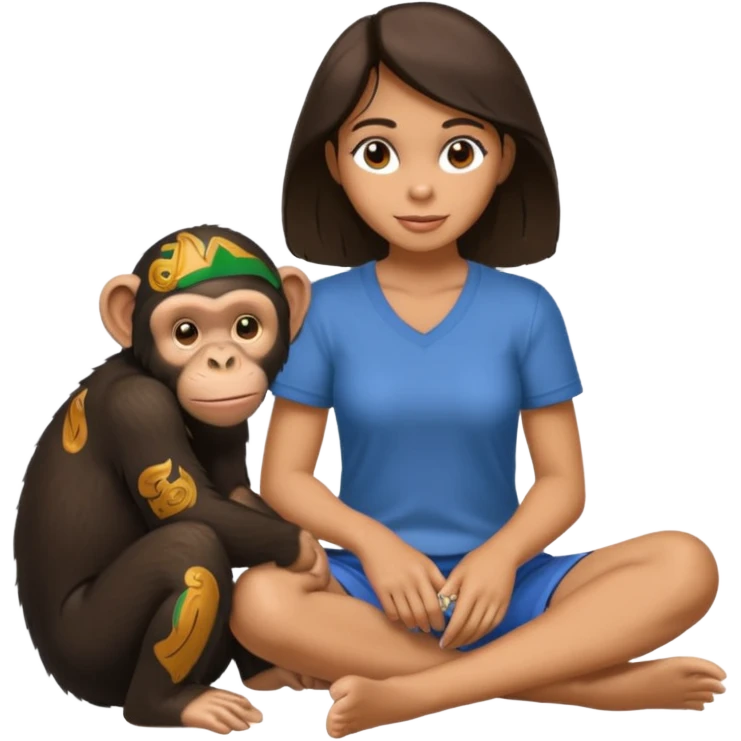 un chiomapnze sentado en el suelo al lado de una mujer emoji