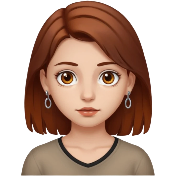 A girl with chest-length brown hair with a reddish tinge, with fair skin, brown eyes and a septum piercing emoji