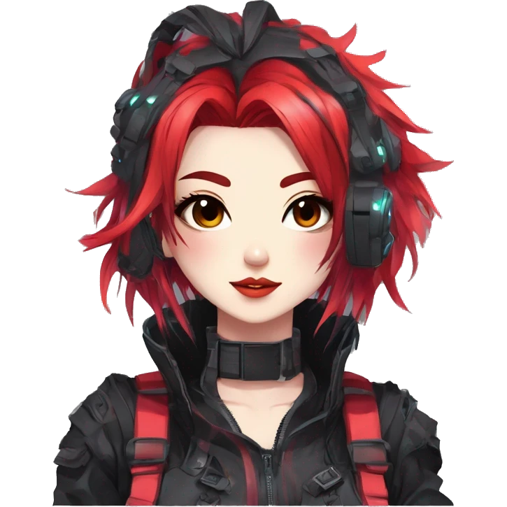 Gorgeous futuristic colorful techwear anime style lady with blushing face aesthetic and pretty edgy black red punk messy wild cute hair with collar and harness trending style emoji