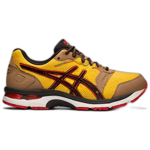light brown asics gel nyc with small yellow and red accents emoji