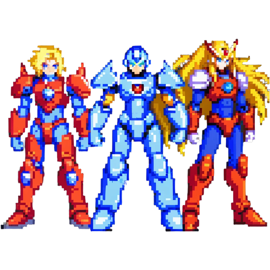 Megaman X in blue armor, Zero with long blonde hair and red armor, and Sigma with a scar, as friends posing together emoji