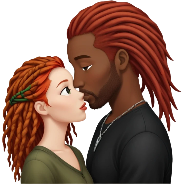 Mulher ruiva, pele branca, beijando um homem negro, com dreads nos cabelos emoji