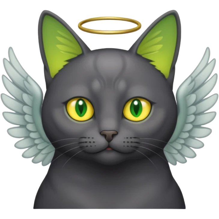 Dark gray cat with green-yellow eyes that has angel wings emoji