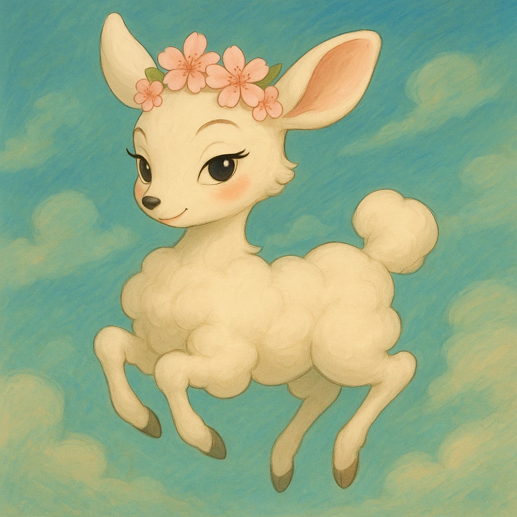 Transform this feminine vanilla cloud doe with rosy cheeks and cherry flowers on its head, floating gracefully, into a dreamy, whimsical Ghibli-inspired style while keeping Pixar-inspired charm. Emphasize confidence, charm, and subtle allure, suitable for a social media brand mascot. Blend Ghibli and Pixar influences for brand identity, with a soft, elegant, and magical look. emoji
