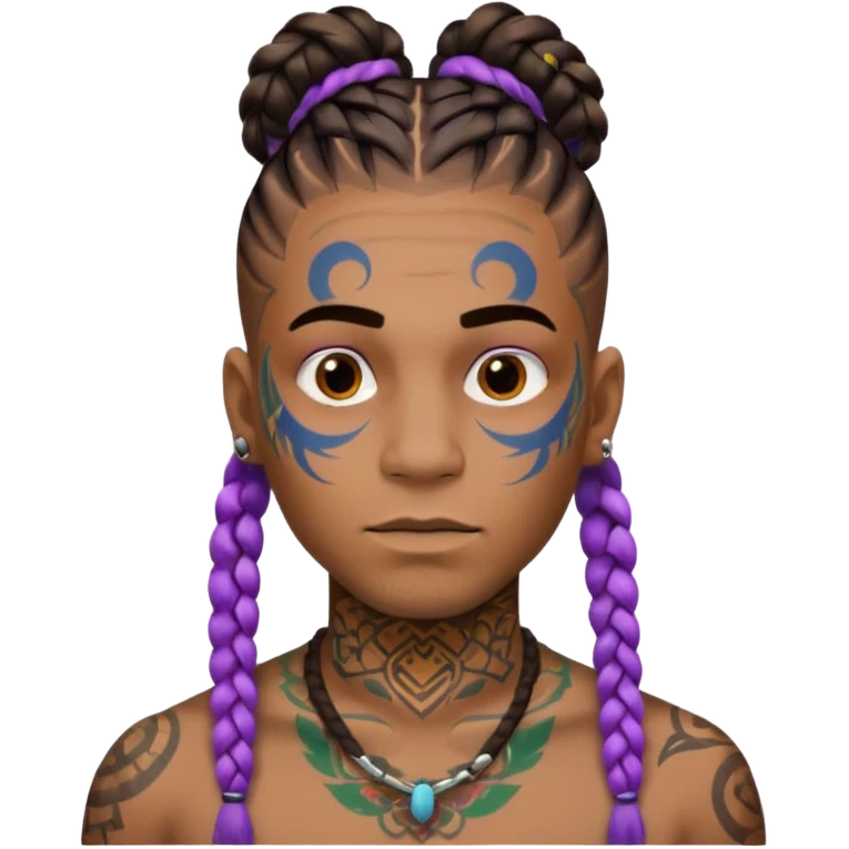 big lose braids starting from the top of the head man with mustache face wiith big visible braids and lots and lots of colored face tattoos colored tattoos like a tattoo artist hair unique color emoji