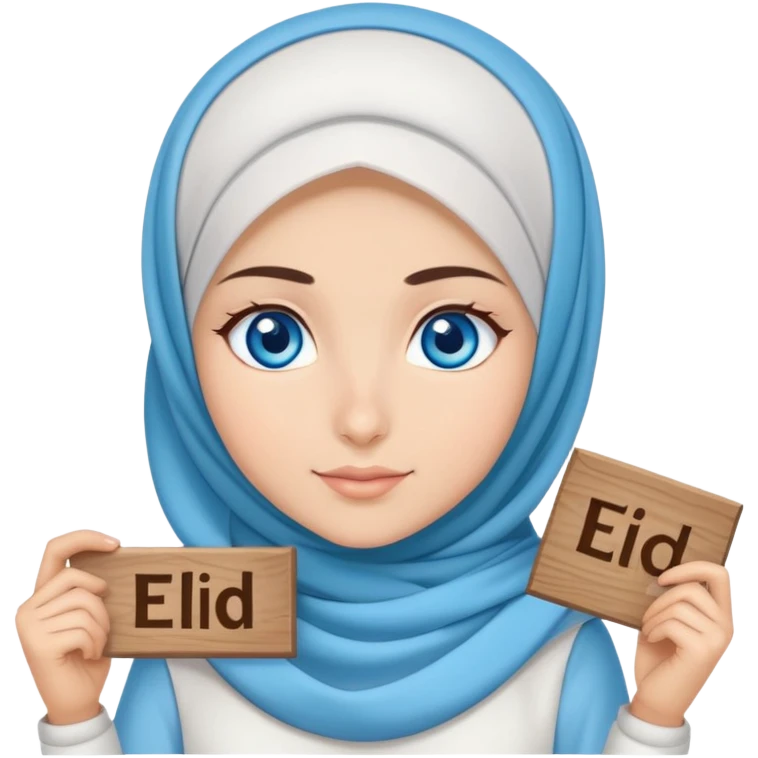 Turkish beautiful finish Konya girl blue eyes with cloudy hijab dress islamic dress and had on her hand text Eid Mubarak  emoji