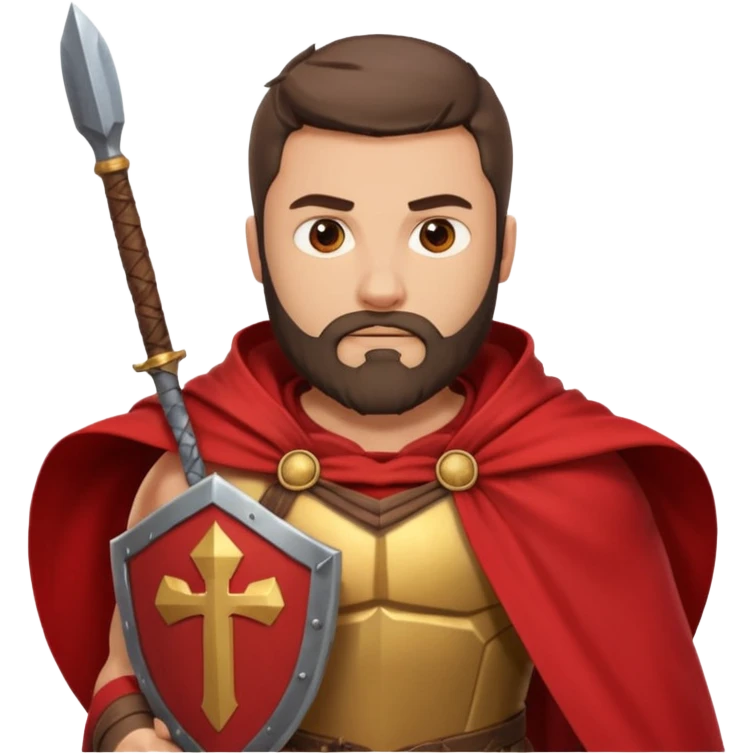 An emoji portrait of a Spartan warrior. He has a determined expression and a beard. He wears a red cloak and holds a shield with a lambda symbol. emoji
