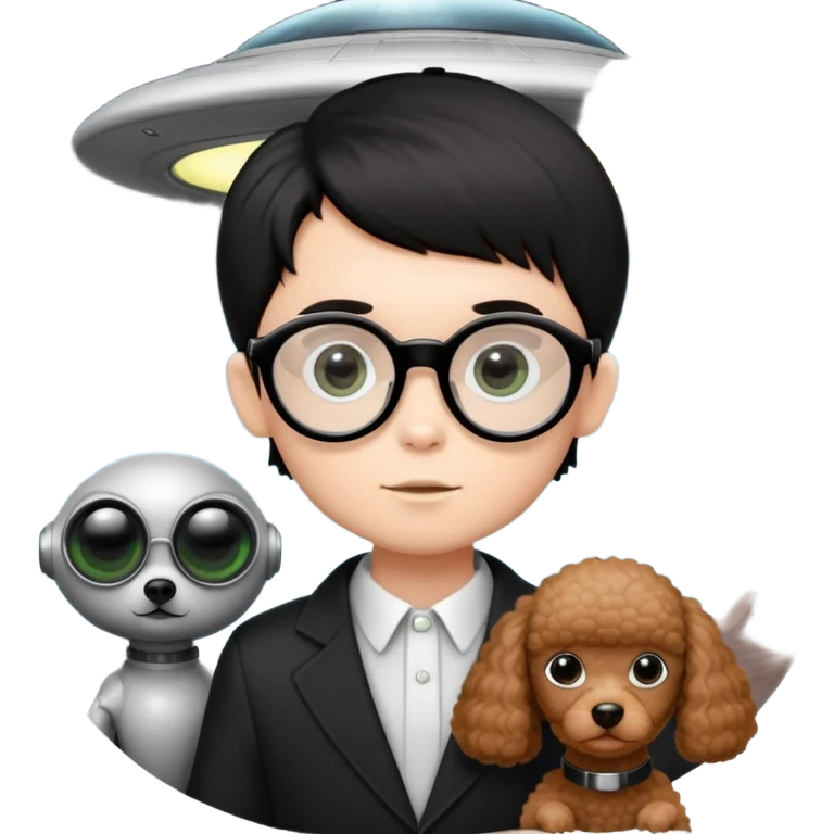 A little boy with straight black medium-length hair, white skin, and black eyes wearing black-framed glasses is taking photos on a UFO with a camera. Beside him, there is an alien and a brown round-headed poodle. emoji