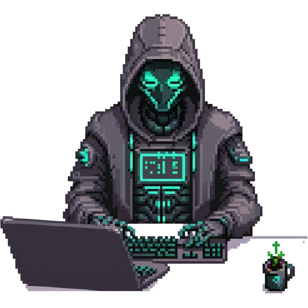 Dark cybernetic robot hacker with neon details, hood, typing on keyboard, hacking code emoji