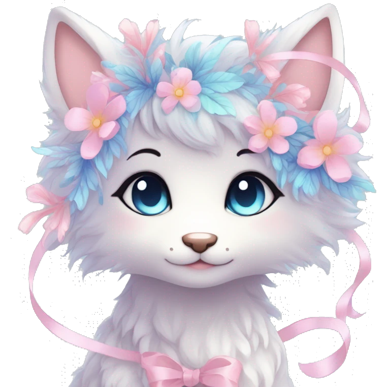 Anthro Cute Cool Blushing Pastel Innocent Shy Kawaii gorgeous sparkly ethereal fantasy anime animal creature with blue eyes furry sona with flowers and ribbons beautiful aesthetic emoji
