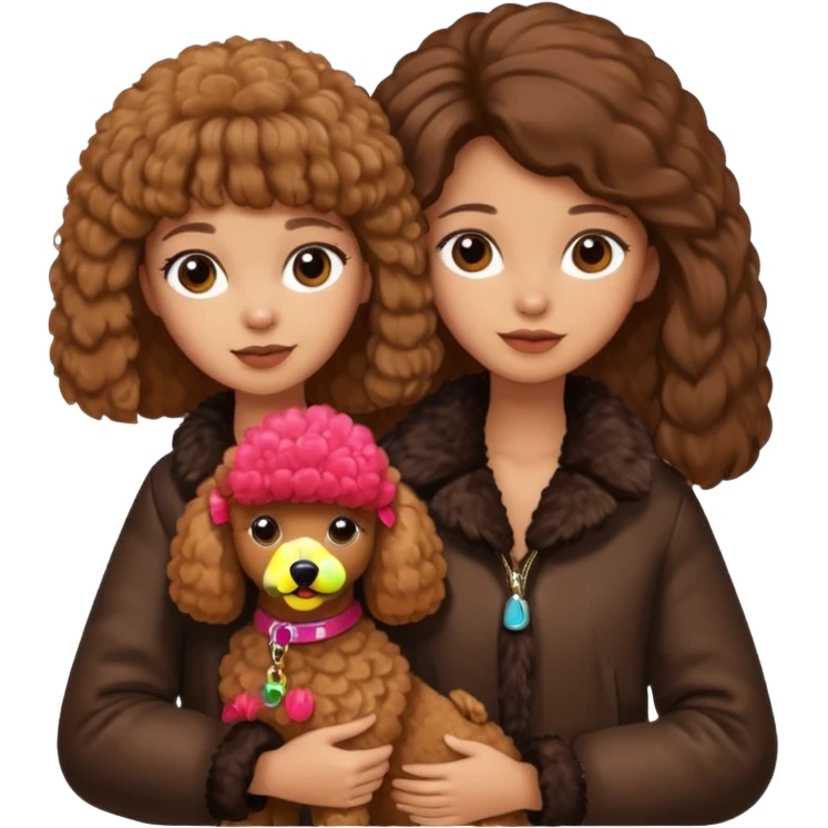 A girl who has long brown straight hair and wears a fur jacket holds a brown poodle emoji