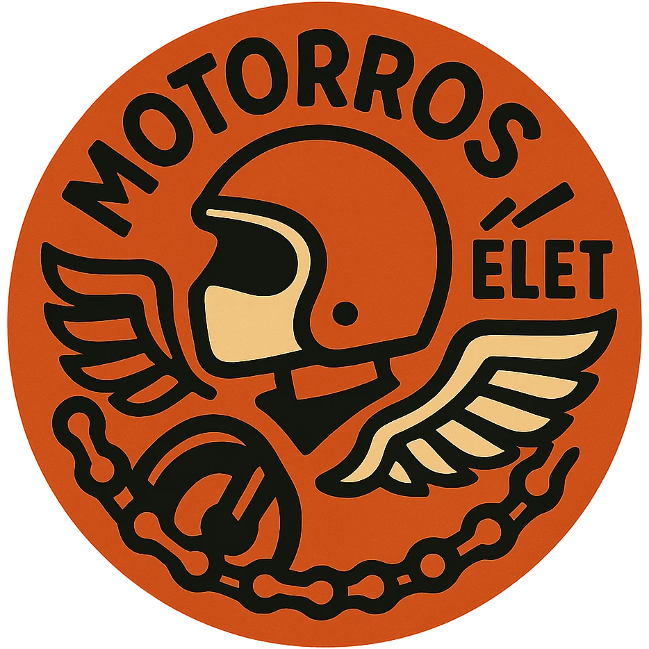 circular design for motorcycle cap, transparent background, text 'Motoros Élet' in Hungarian, modern style, motorcycle motifs like helmet, chain, wings emoji