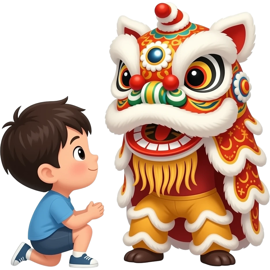 kid looking at chinese lion dancers emoji