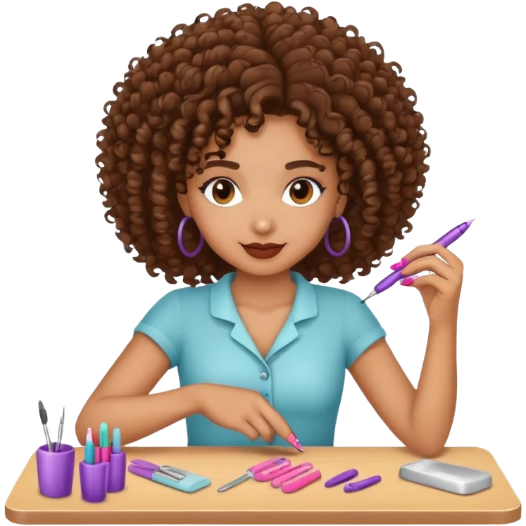 Mixed girl with curly hair doing nails emoji