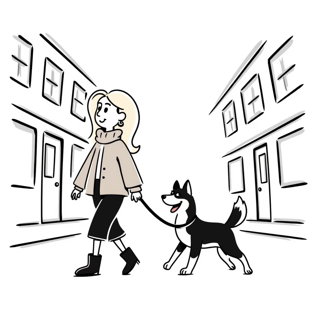 Blonde woman wearing a sweater walking a happy Siberian husky in New York City on an upper east side city sidewalk  emoji