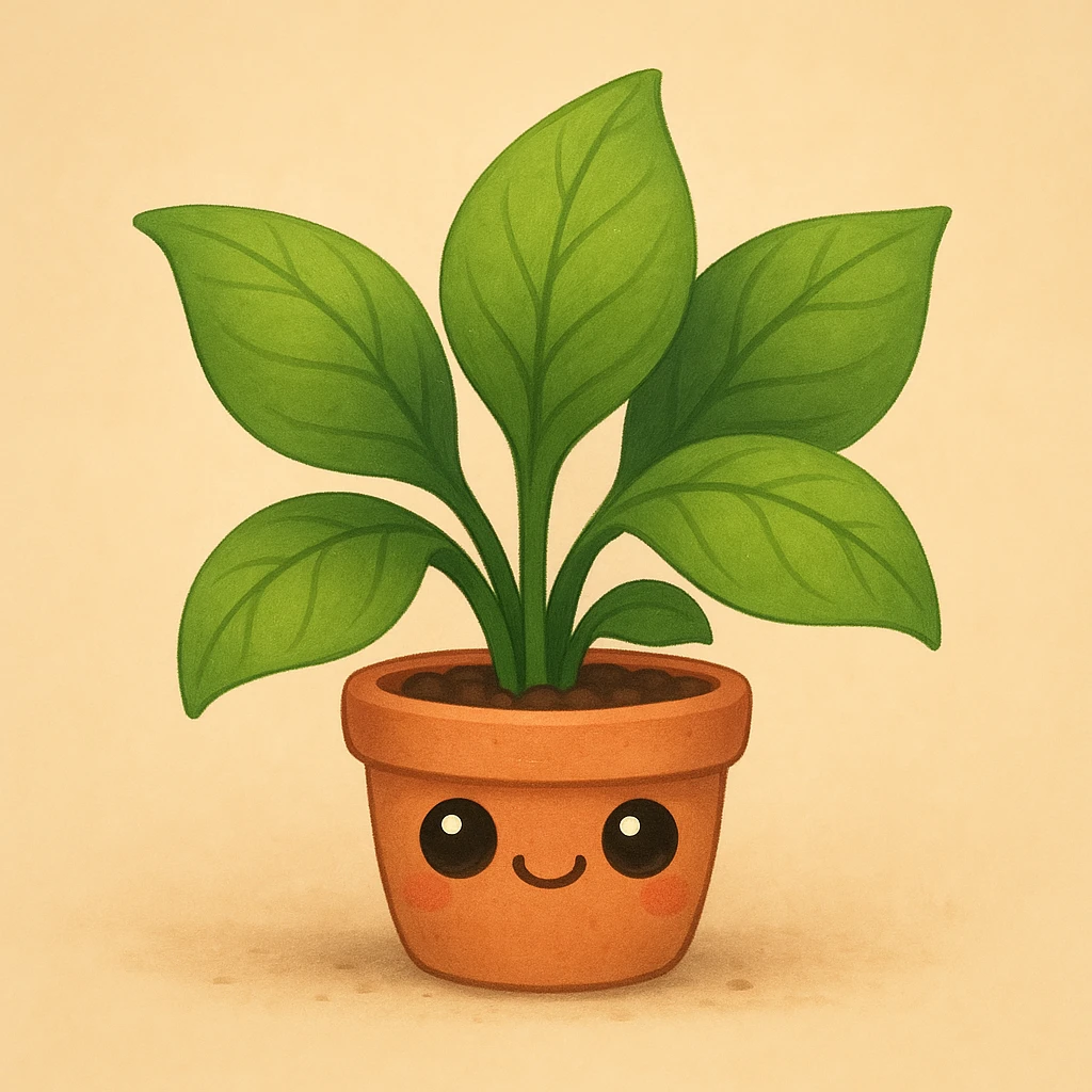 a cute smiling leafy plant with big eyes and a tiny pot emoji