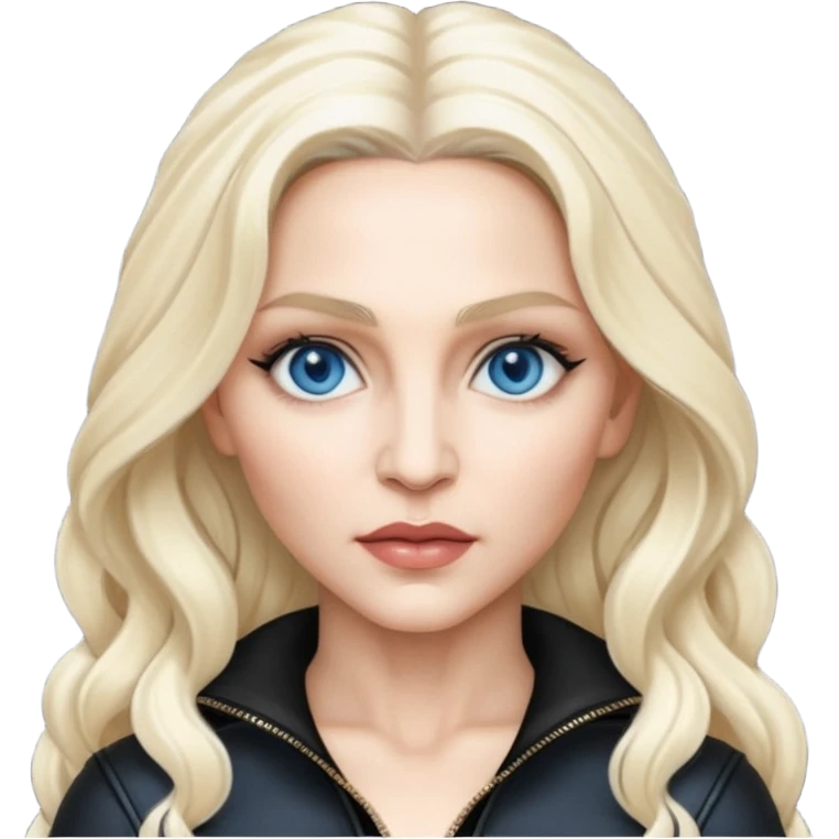 Madonna with blue eyes, long platinum blonde hair, black outfit emoji