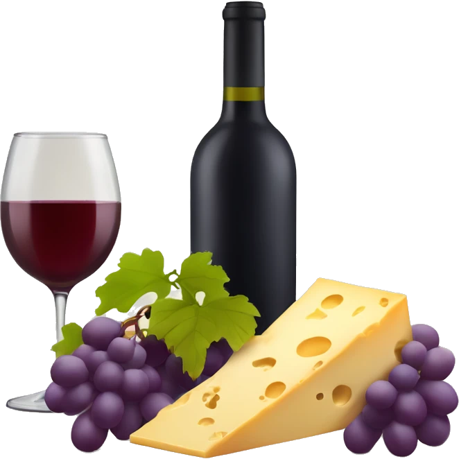 wine bottle with wine glass and grapes and cheese emoji