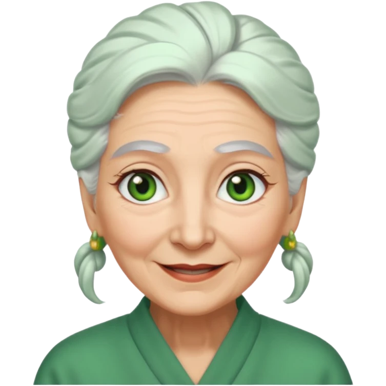 abuela con ojos verdes, pelo blanco, pelo blanco y amarrado, aspecto feliz, pelo blanco, no verde, solo verde los ojos emoji