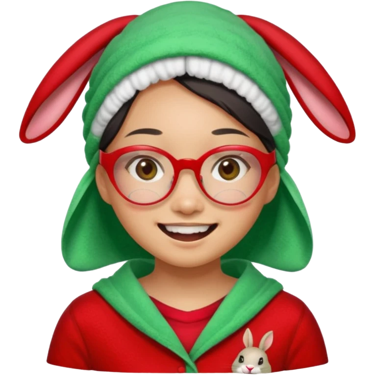 Asian woman wearing a green towel in her head with a broken glasses on her face in red pajamas her smile with rabbit front teeth and the cloth should be red emoji