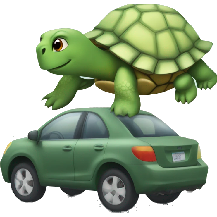 TURTLE! towing a car. The turtle is infront of the car on the road and is straped to the car. emoji