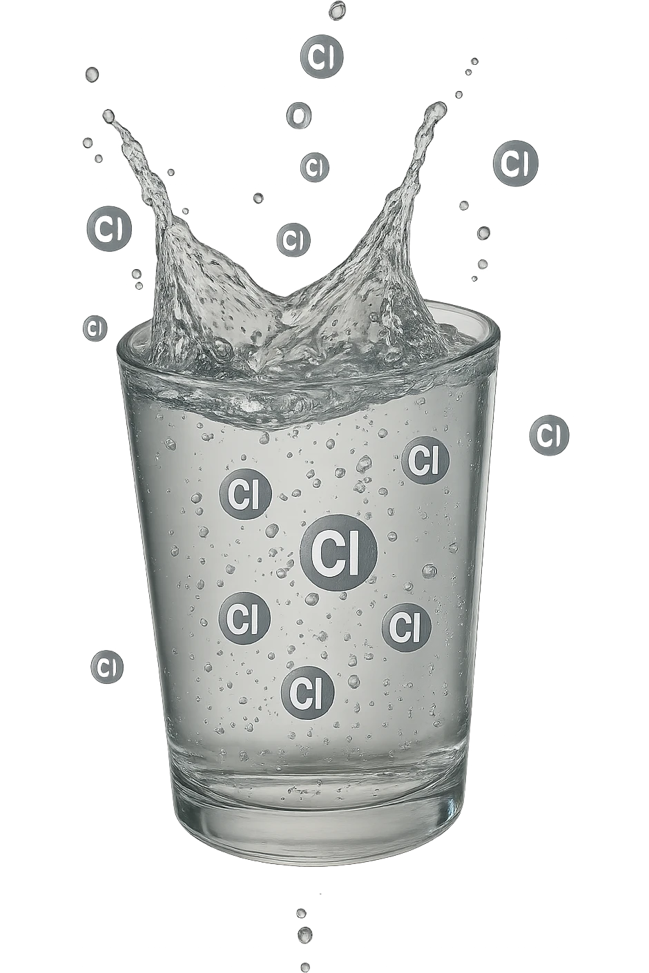 un bicchiere di acqua cade verticalmente dall'alto realistico e dettagliato, dentro l'acqua del bicchiere ci sono particelle di cloro ben visibili con la scritta "Cl" sopra, ci sono particelle anche che escono dal bicchiere e fluttuano in aria verticalmente, mentre alcune sono all'interno dell'acqua nel bicchiere, iperrealistico 4k emoji