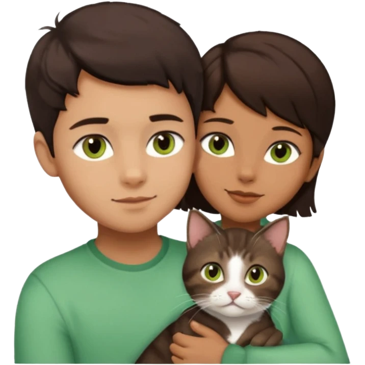 Crea un emoji donde salga un chico de pelo moreno con los ojos claros, una chica de pelo morena con los ojos marrones y UN gato europeo comun de pelaje marron oscuro y ojos verde claro, quiero que se esten abrazando el chico y la chica, y el gato este en el medio de los dos emoji