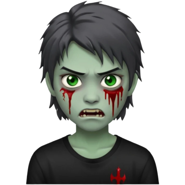 3D emoji-style avatar with grey zombie skin, dark brown hair, a young Asian face, and large green eyes with blood tears. Give it white litle bit messy mullet hair style , silver hoop earrings, and a plain black T-shirt. The face expression should be slightly angry, with vampire fang emoji