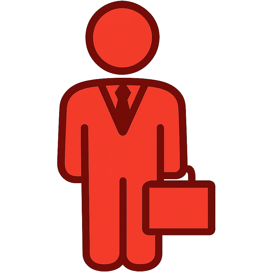 Minimalist red CEO business person icon with briefcase. All lines in red color only, no black outlines. Professional silhouette representing leadership. emoji
