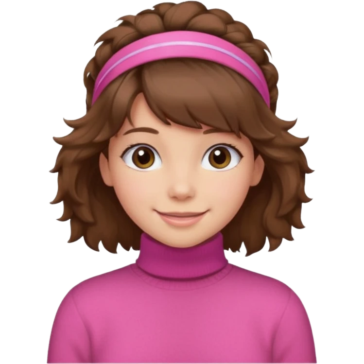 brown fluffy haired girl with pink turtleneck sweater and hair band emoji